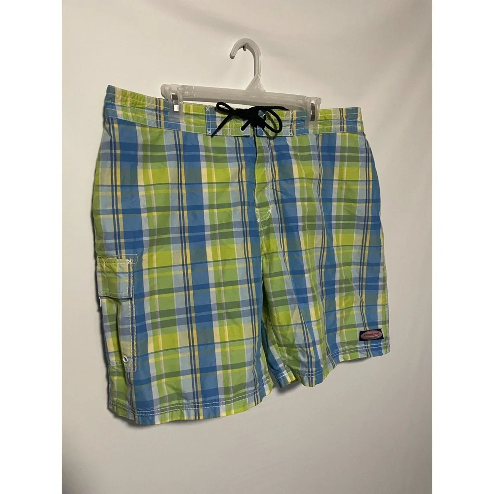 Vineyard Vines Board Shorts Mens 40 Blue Green Plaid Cargo Swim Trunks Beach